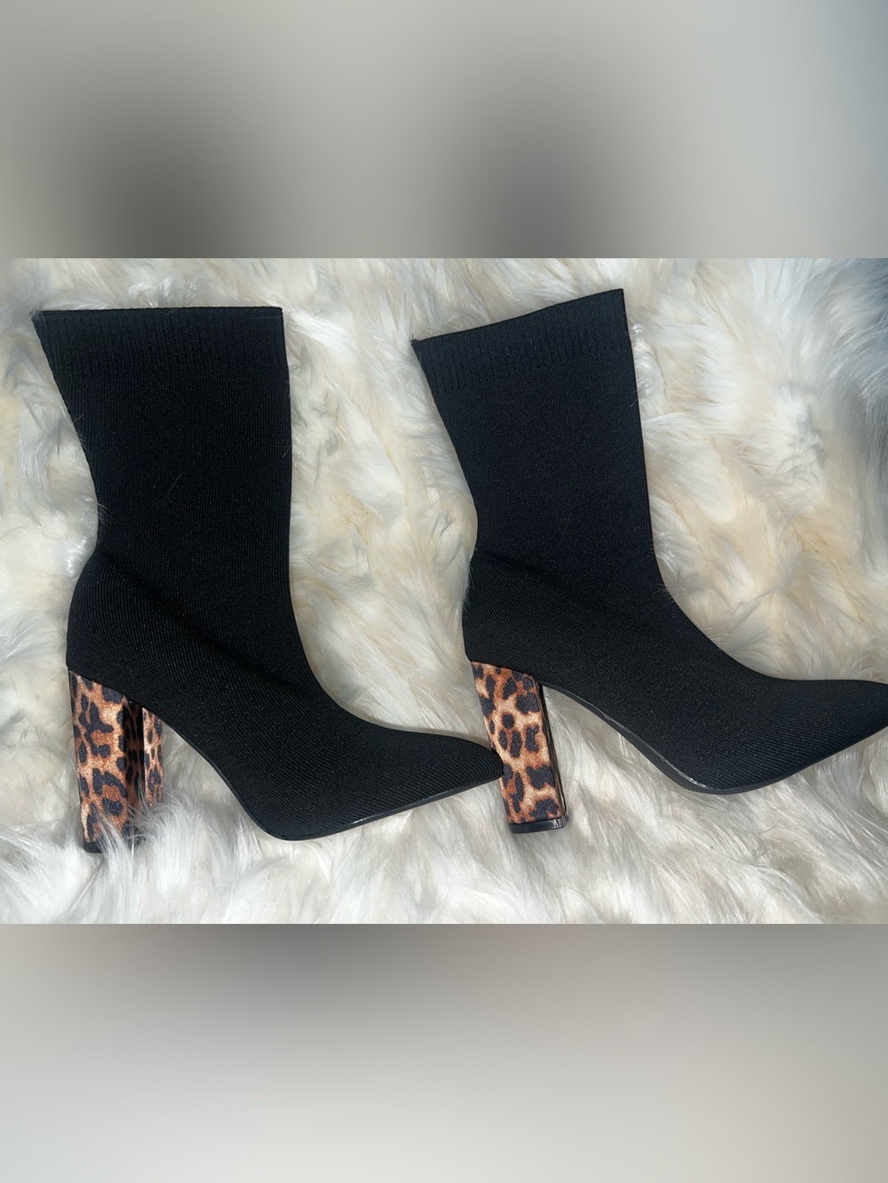 Black Knit Sock Boots w/ Satin-Wrapped Leopard Block Heel – Size 39
